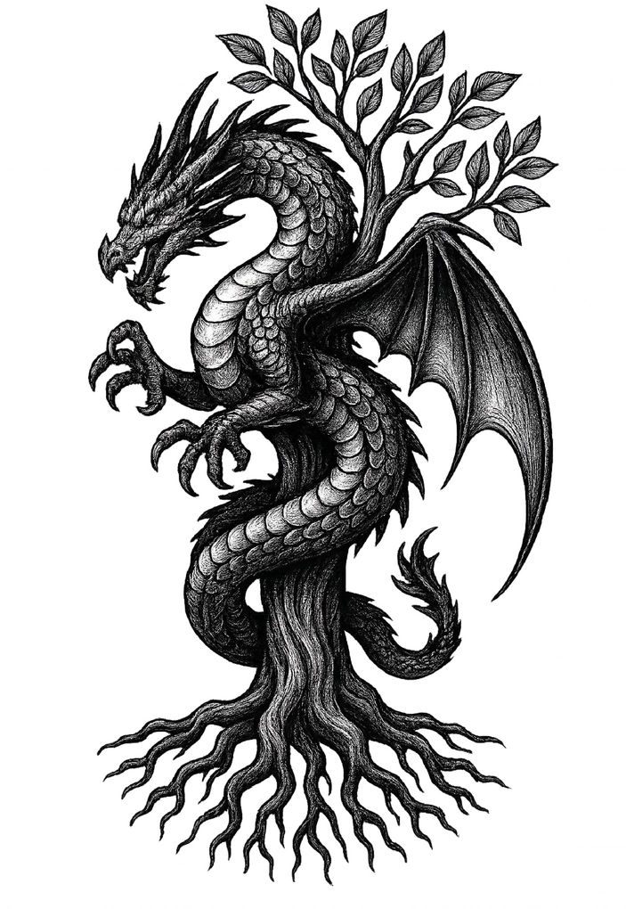 Tattoovorlage Drachen um Baum mit Wurzeln und Blättern