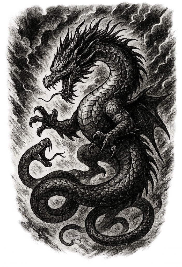 Tattoovorlage mit Drachen und Schlange im dramatischen Hintergrund