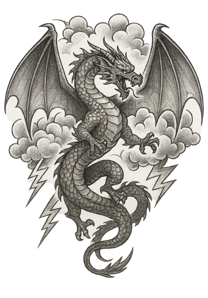 Tattoovorlage Drachen zwischen Wolken und Blitzen