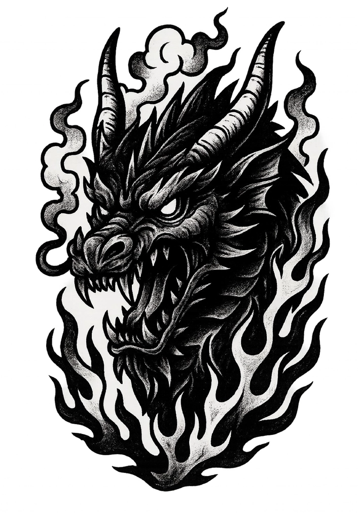 Tattoovorlage Drachenkopf mit Rauch und Flammen