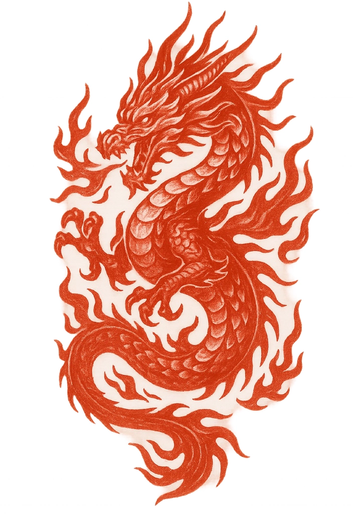 Tattoovorlage Drachenmotiv mit flammenden Farben