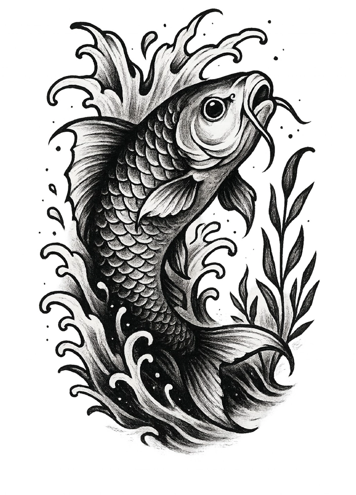 Tattoovorlage eines dynamischen Fischmotivs mit Wellen und Wasserpflanzen