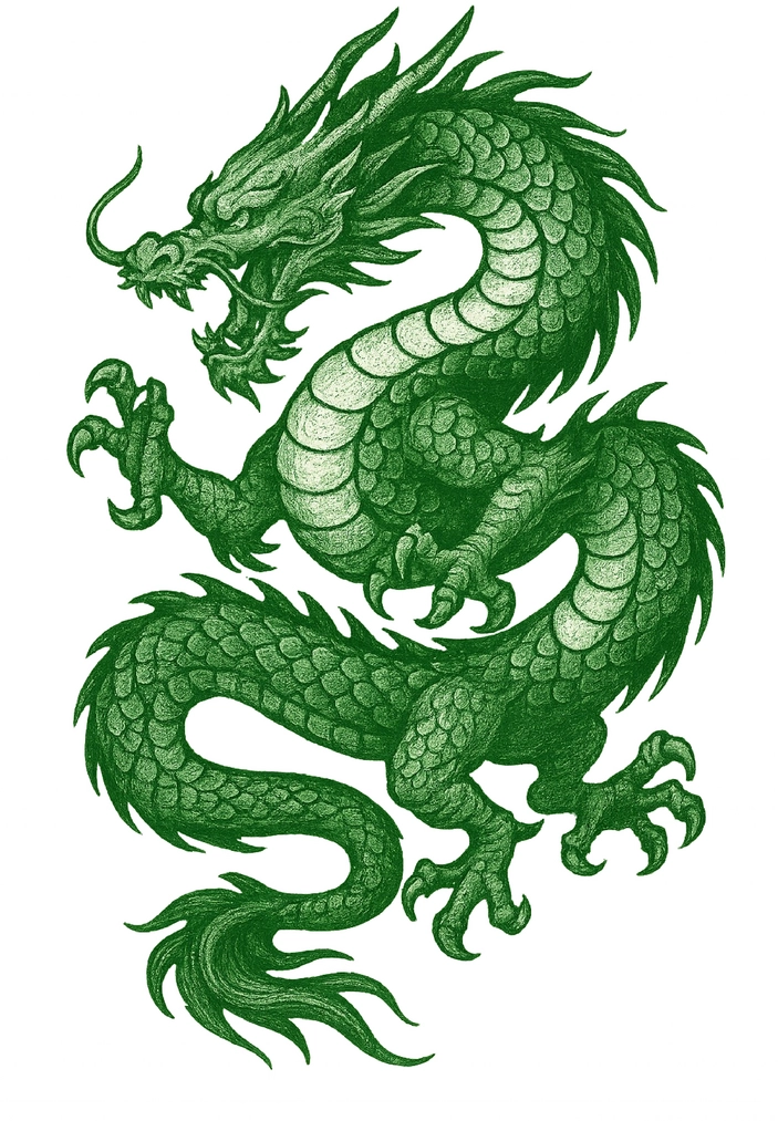 Tattoovorlage beeindruckender grüner Drache in dynamischer Pose