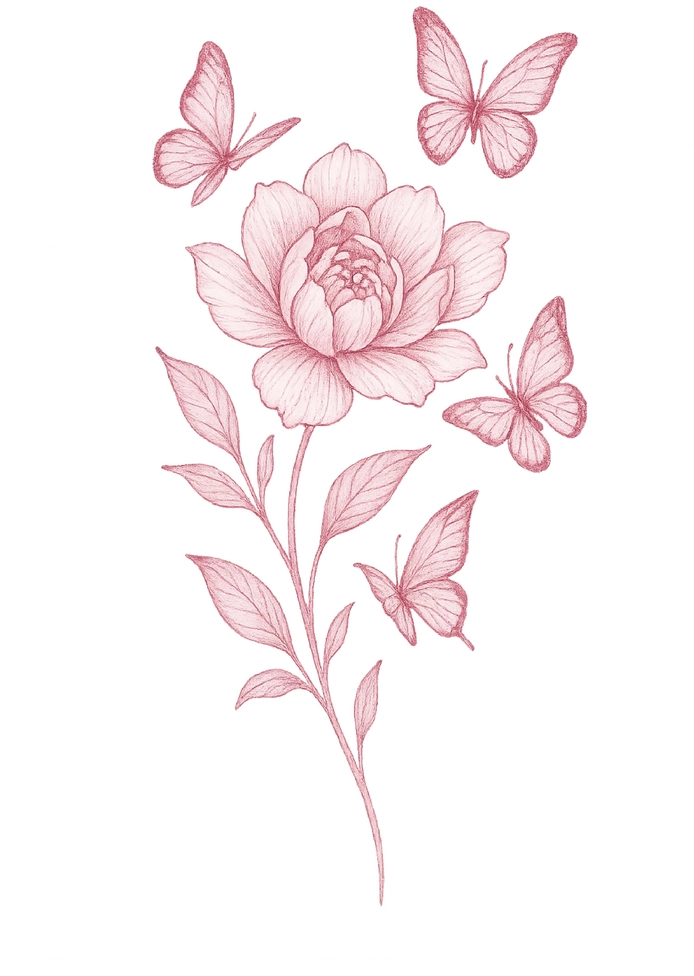Tattoovorlage einer Blume mit Schmetterlingen für Frauen