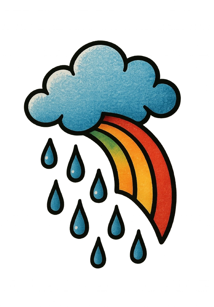 Tattoovorlage einer Wolke mit Regenbogen und Regentropfen
