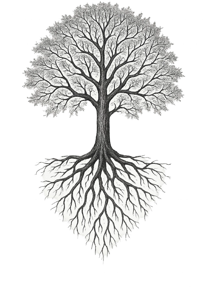 Tattoovorlage eines majestätischen Baumes mit Wurzeln