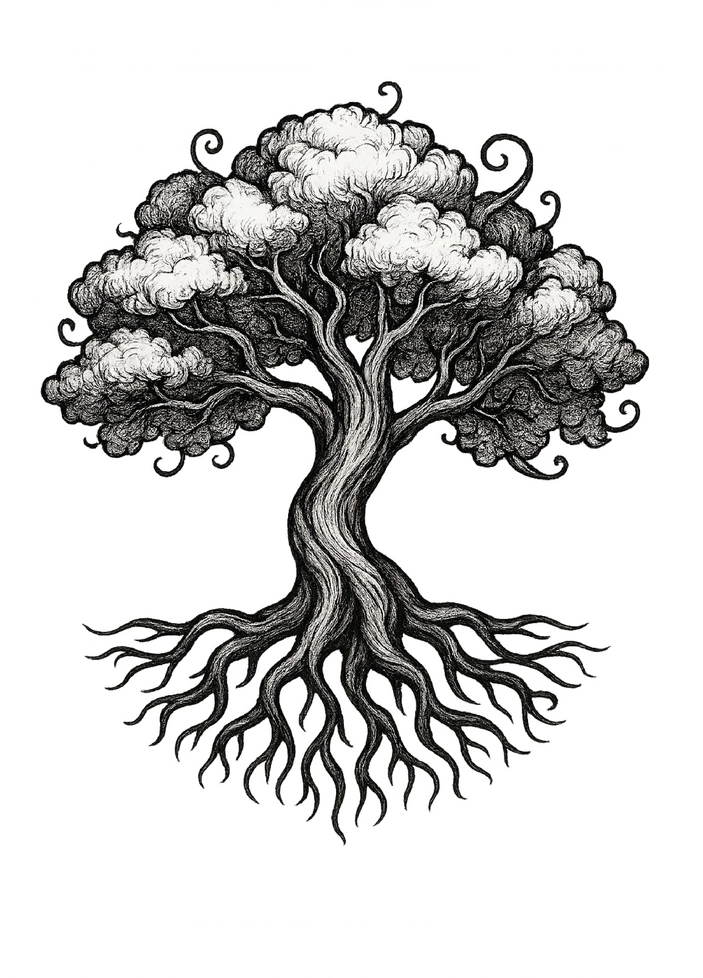 Tattoovorlage eines stilisierten Baumes mit Wurzeln