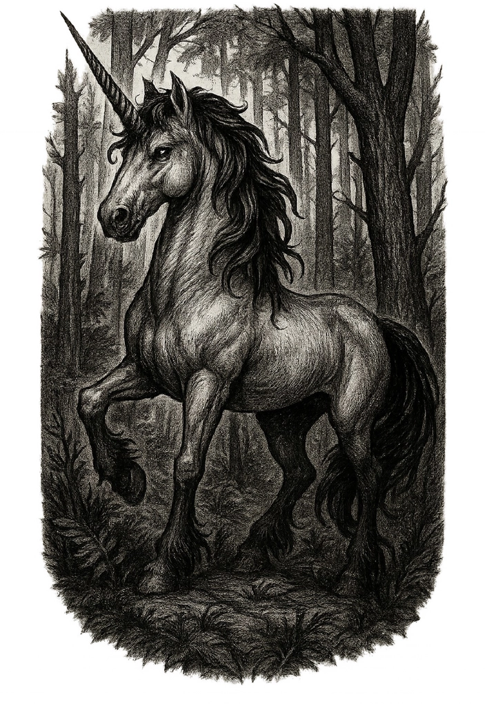 Tattoovorlage Einhorn im Wald - Mystische Fantasy Kunst