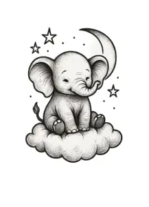 tattoovorlage-elefant-auf-wolke-mit-mond-und-sternen