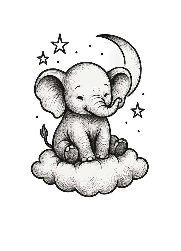 Tattoovorlage Elefant auf Wolke mit Mond und Sternen