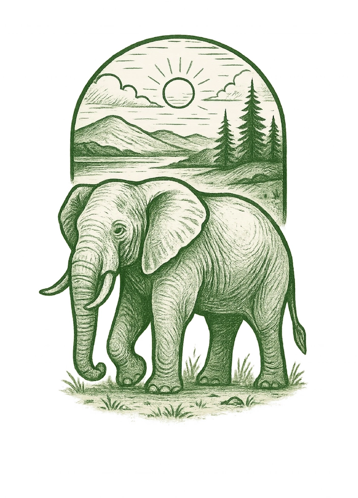 Tattoovorlage Elefant in Friedlicher Landschaft