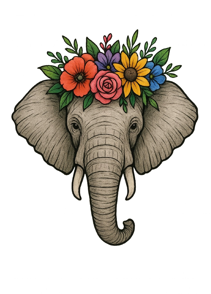 Tattoovorlage Elefant mit buntem Blumenkranz