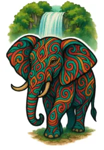 tattoovorlage-elefant-mit-bunten-tribal-mustern-und-wasserfall