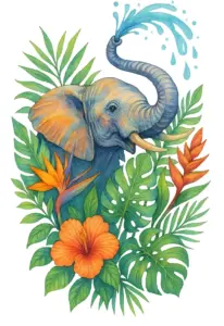 tattoovorlage-elefant-spritzt-wasser-exotische-pflanzen