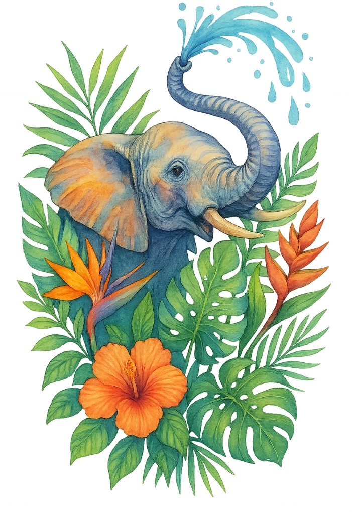 Tattoovorlage Elefant spritzt Wasser umgeben von exotischen Pflanzen