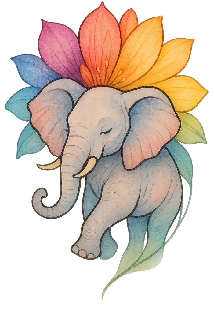 Tattoovorlage Elefant umgeben von bunten Blumen