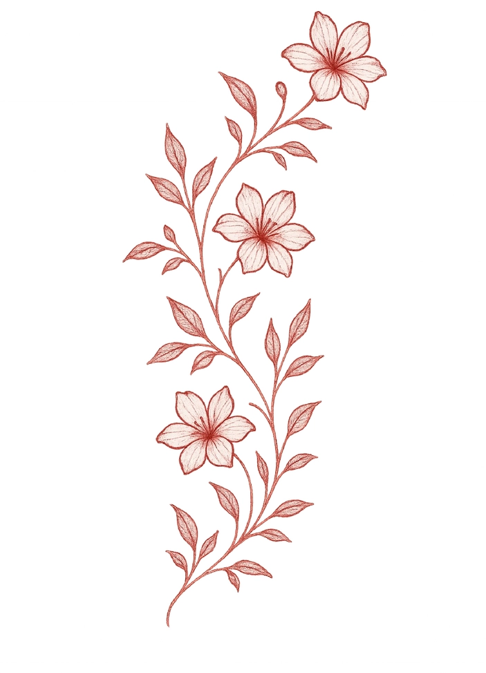 Tattoovorlage elegante Blumenranke mit feinen Blättern und Blüten