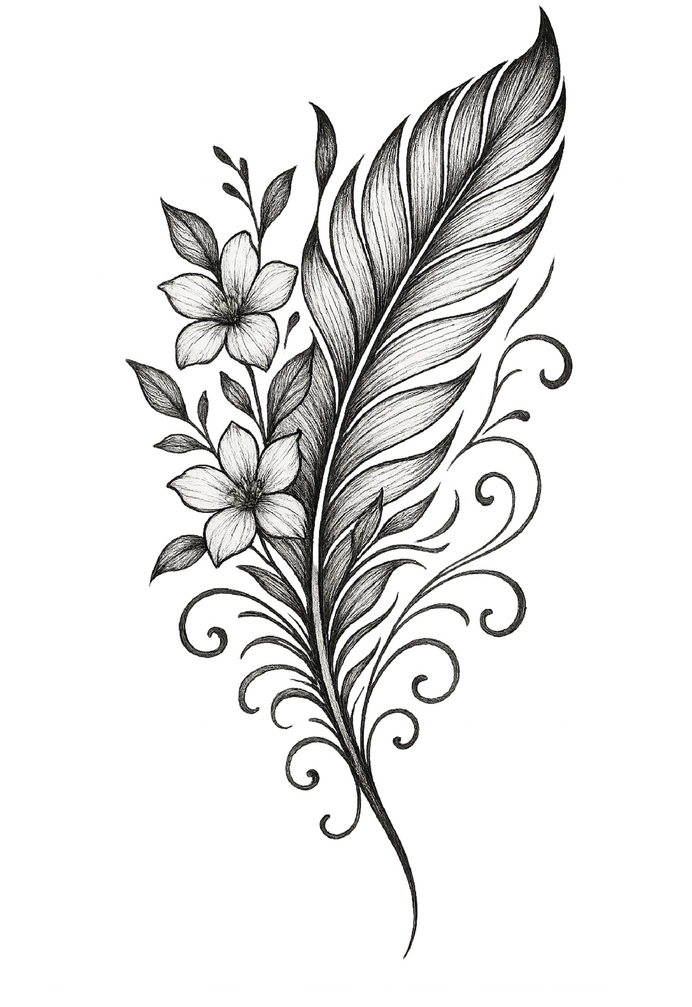 Tattoovorlage elegante Feder mit floralen Akzenten