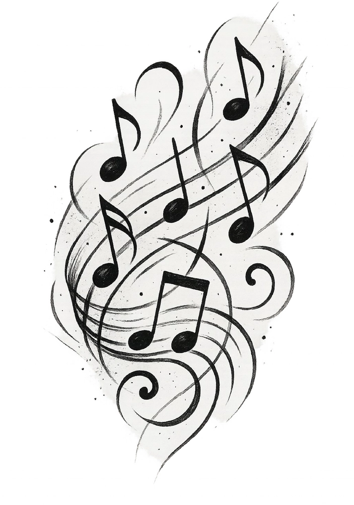 Tattoovorlage mit eleganten Musiknoten und geschwungenen Linien