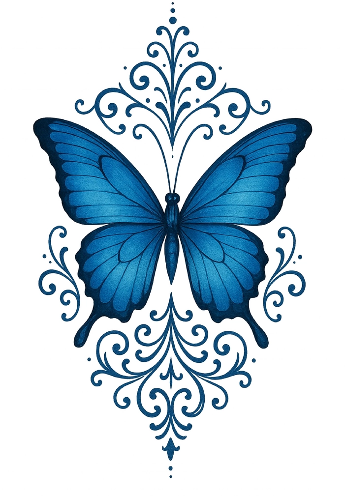 Tattoovorlage eleganter blauer Schmetterling mit filigranem Design
