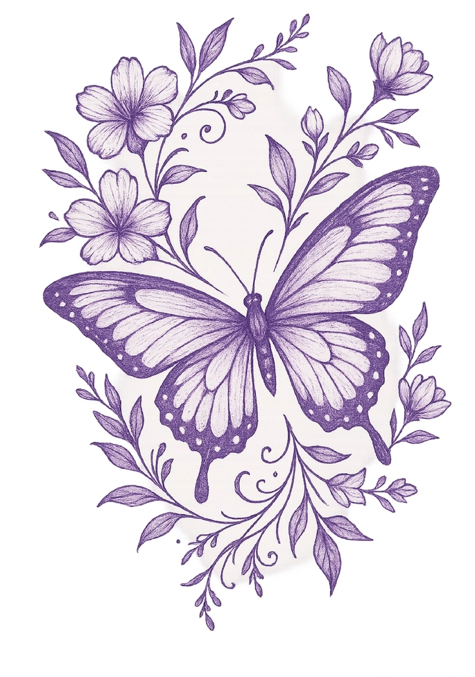 Tattoovorlage eleganter Schmetterling mit floralen Elementen