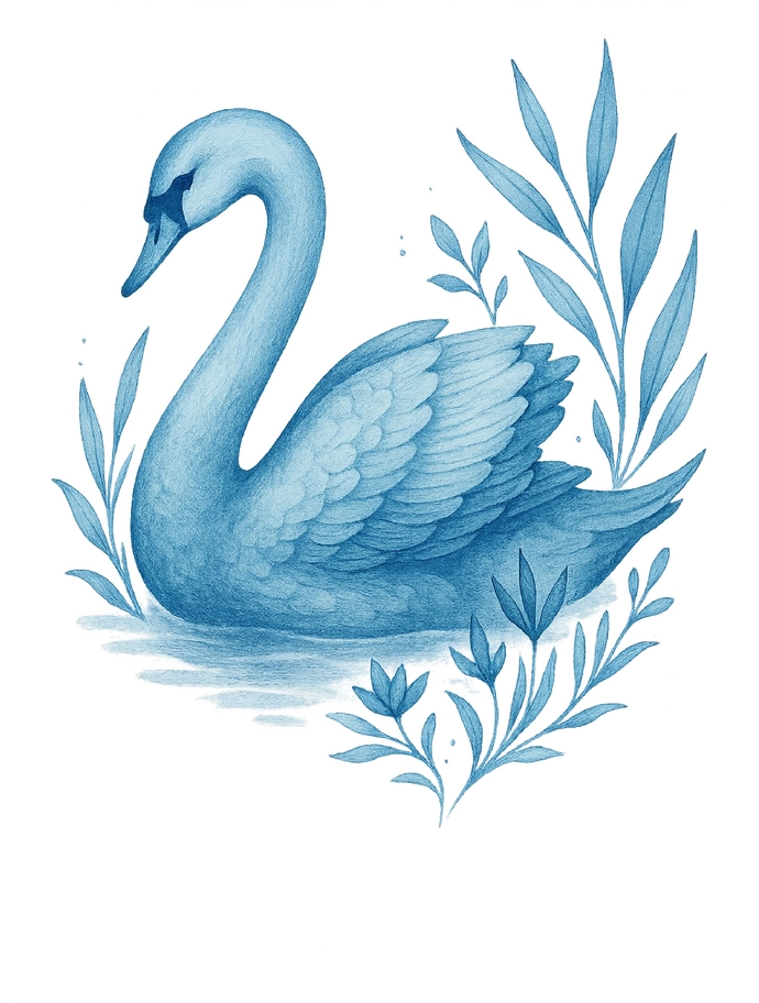 Tattoovorlage eines eleganten Schwans mit Pflanzen in Blau