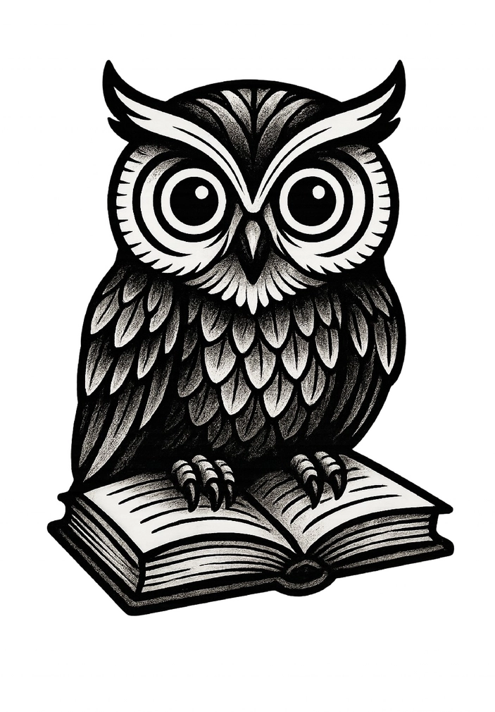 Tattoovorlage Eule auf Buch mit großen Augen