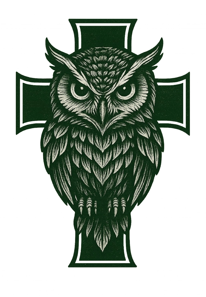 Tattoovorlage Eule auf Kreuz - Symbol für Weisheit und Stärke
