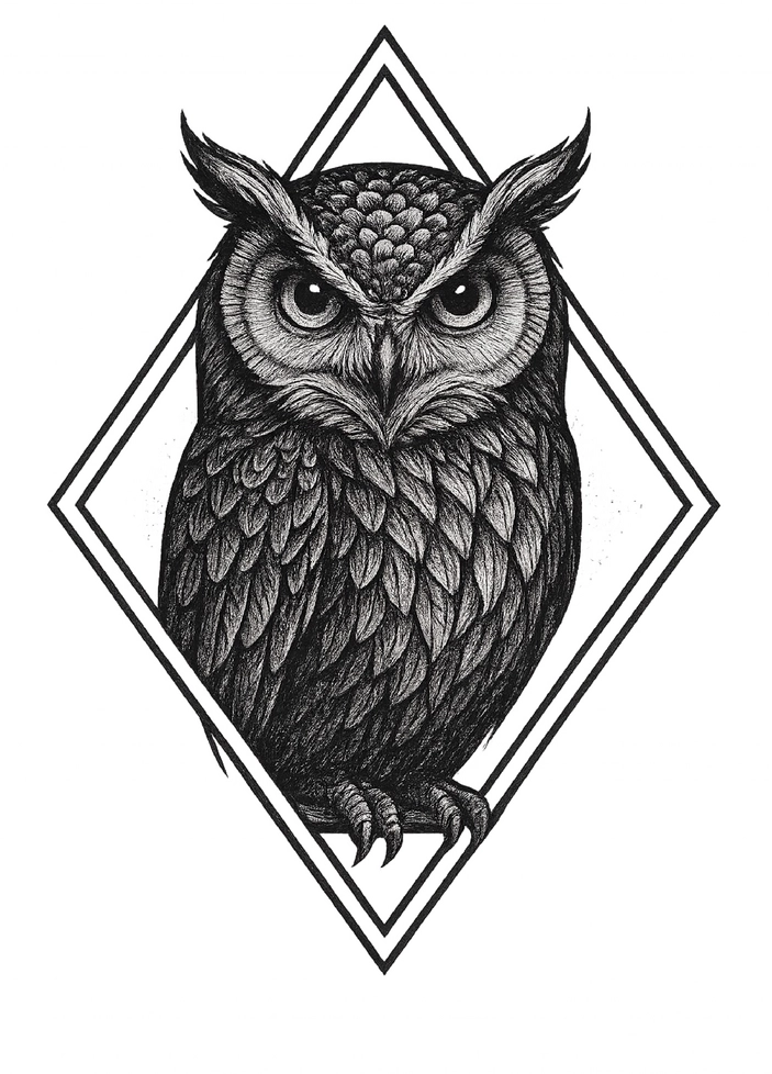Tattoovorlage Eule im geometrischen Rahmen Schwarz-Weiß