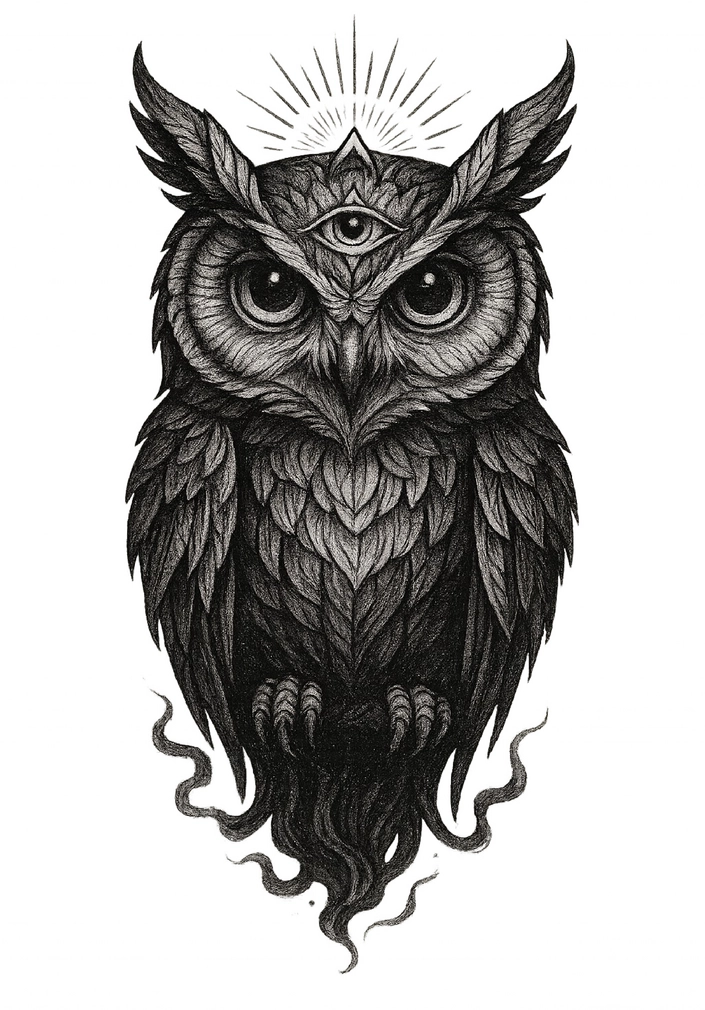 Tattoovorlage Eule mit drittem Auge und mystischen Details