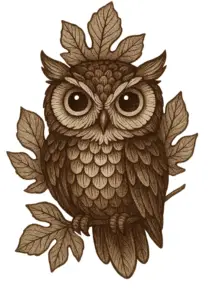 tattoovorlage-eule-mit-grossen-augen-und-blaettern