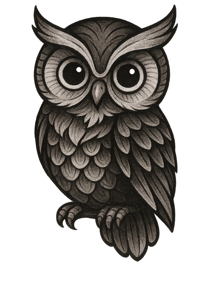 Tattoovorlage Eule mit großen Augen und Detailreichtum