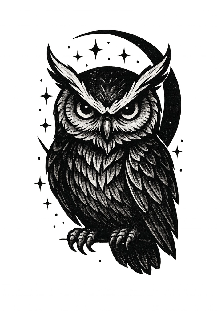 Tattoovorlage Eule mit scharfen Augen und Federn