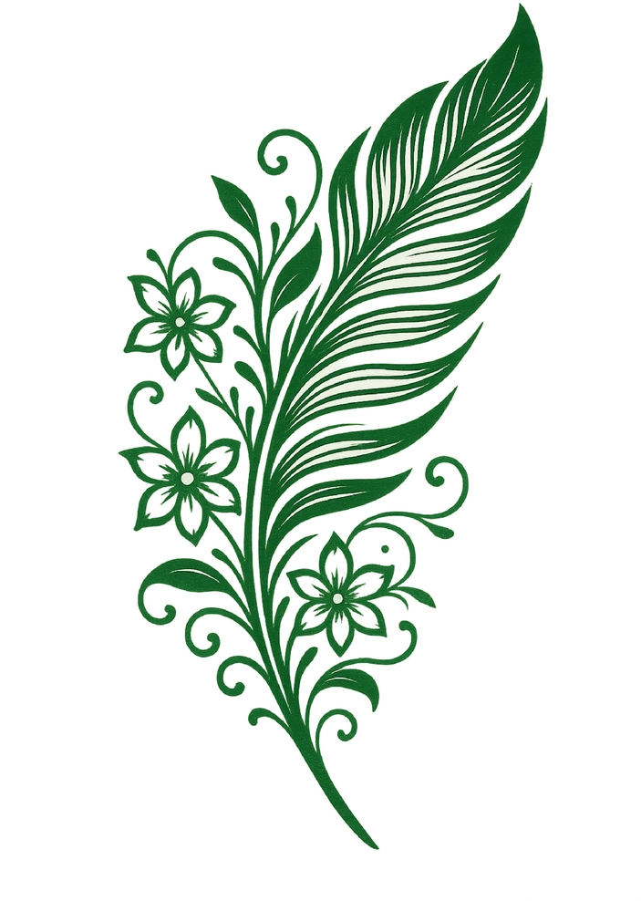 Tattoovorlage Feder mit floralen Akzenten in grün