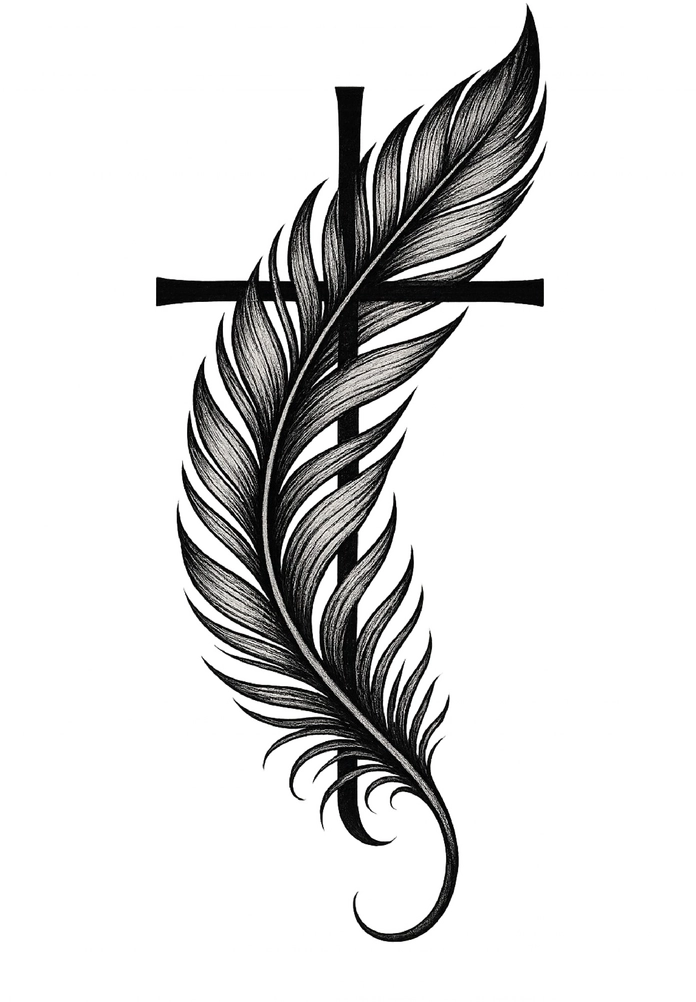 Tattoovorlage Feder mit Kreuz - symbolische Kombination für Tattoos