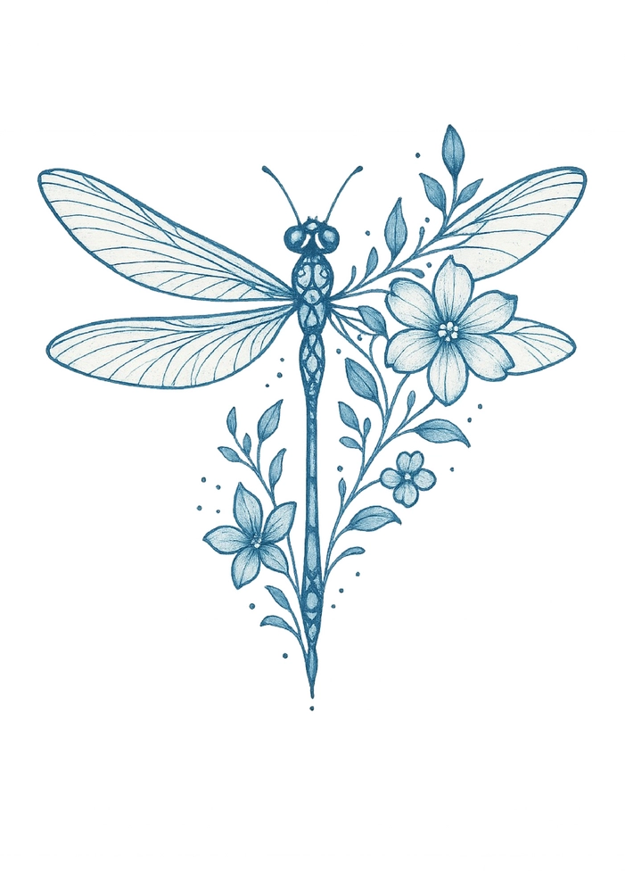 Tattoovorlage filigrane Libelle mit floralem Design