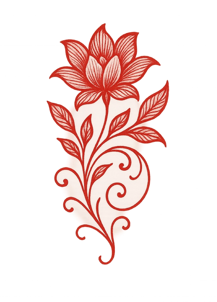 Tattoovorlage filigrane rote Blume mit geschwungenen Linien
