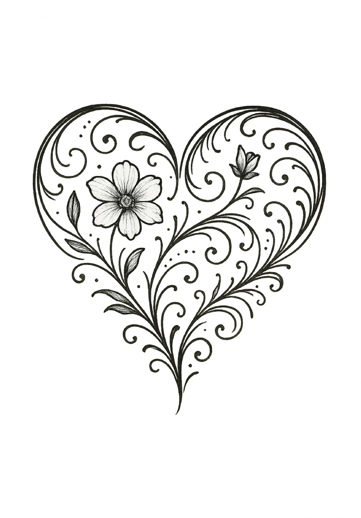Tattoovorlage filigranes Herz mit floralen Verzierungen