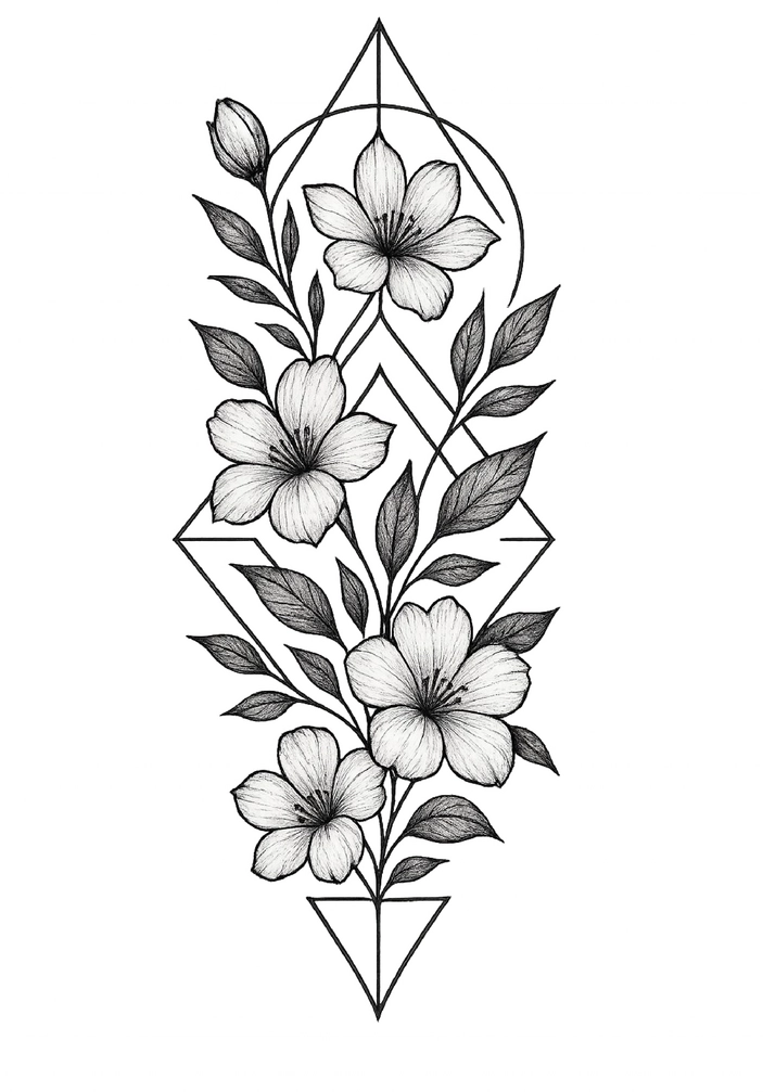 Tattoovorlage florale Elemente mit geometrischen Formen für Nacken