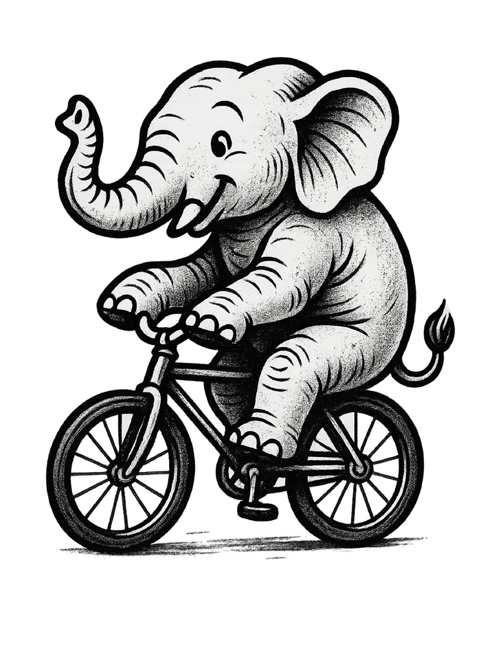 Tattoovorlage eines fröhlichen Elefanten auf einem Fahrrad