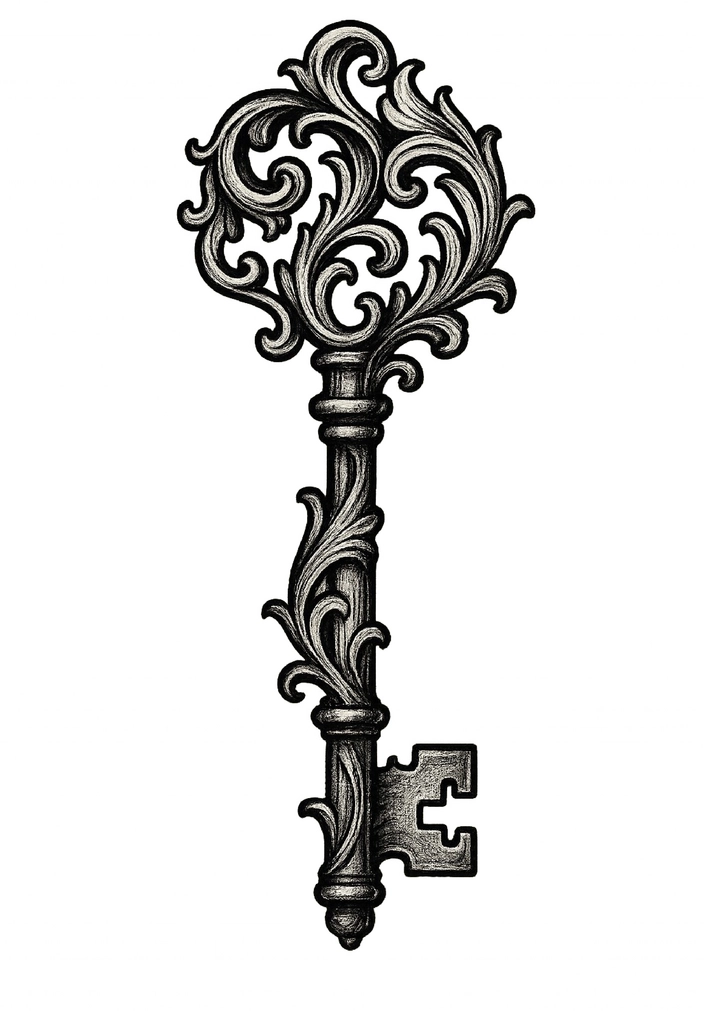 Tattoovorlage für einen kunstvollen Schlüssel mit filigranen Details