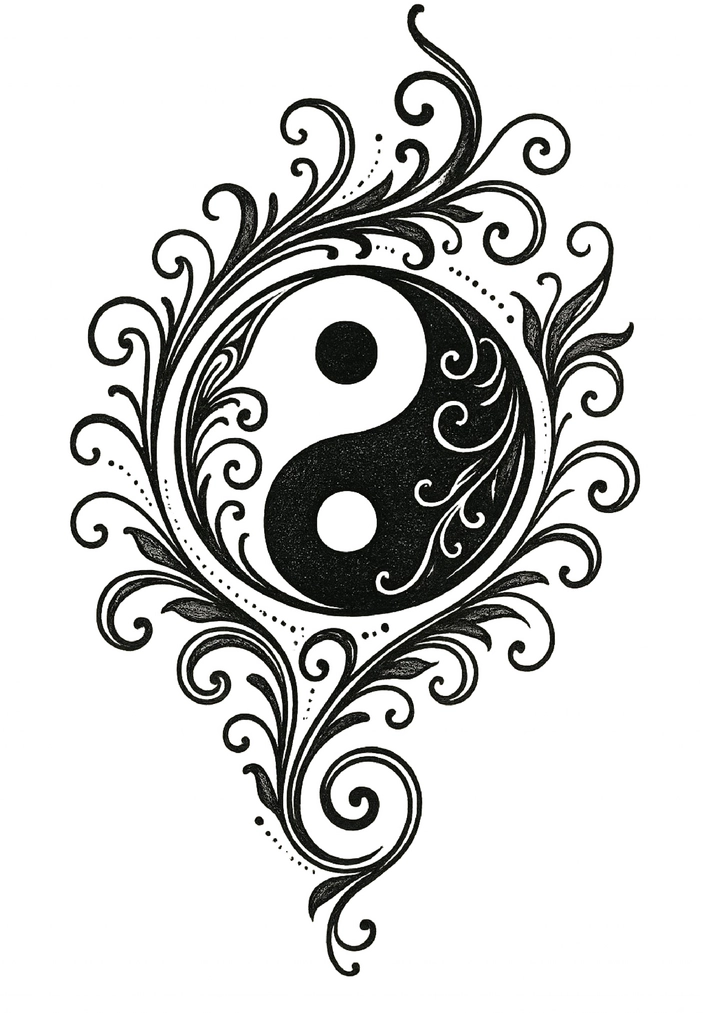 Tattoovorlage für ein kunstvolles Yin-Yang-Symbol mit floralen Verzierungen