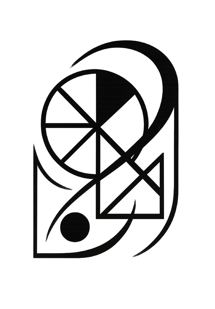 Tattoovorlage mit geometrischen Formen und Symbolen in Schwarz-Weiß