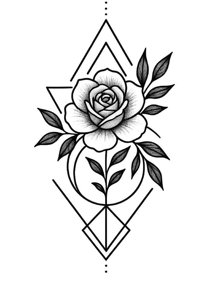 Tattoovorlage geometrische Rose mit floralen Elementen