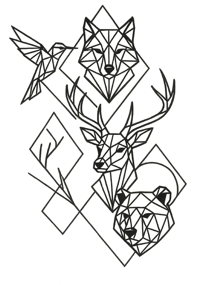 Tattoovorlage geometrische Tiere Wolf Hirsch Kolibri