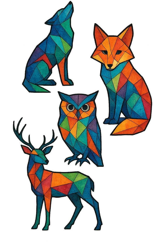 Tattoovorlage geometrische Tiermotive in bunten Farben