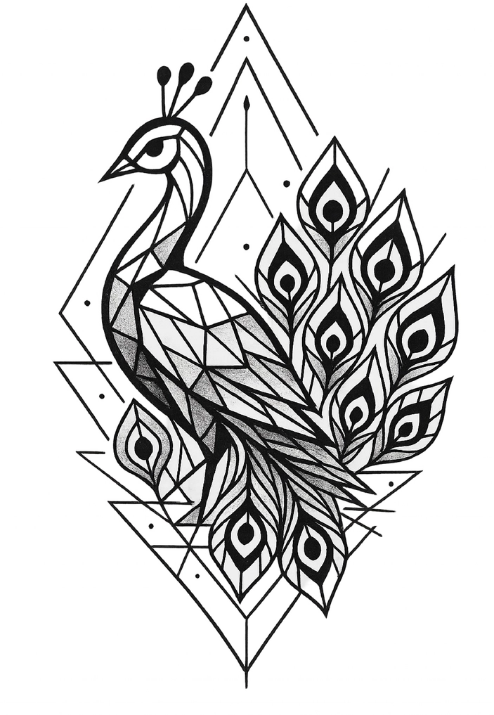 Tattoovorlage geometrischer Pfau mit stilisierten Federn