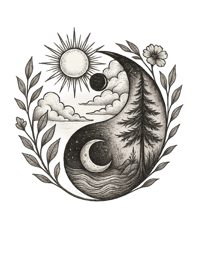 Tattoovorlage harmonisches Yin-Yang mit Naturmotiven