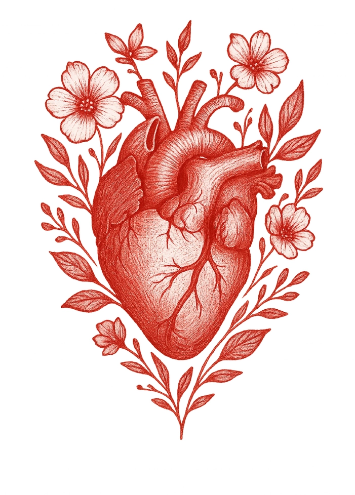 Tattoovorlage Herz mit floralen Elementen in Rot