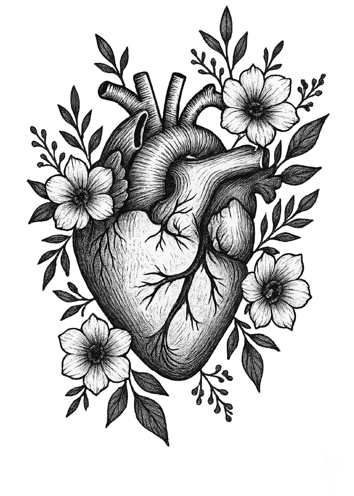 Tattoovorlage Herz mit floralen Elementen